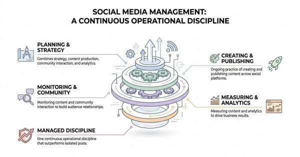 Social media management infographic illustrating a multi-tiered circular engine representing a continuous operational discipline that integrates planning and strategy, content creation and publishing, community monitoring, analytics measurement, and cohesive execution.