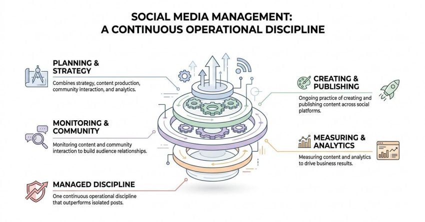 Social media management infographic illustrating a multi-tiered circular engine representing a continuous operational discipline that integrates planning and strategy, content creation and publishing, community monitoring, analytics measurement, and cohesive execution.