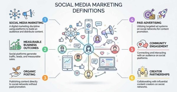 Social Media Marketing Definitions infographic outlining six core pillars around an illustrated central network: Social Media Marketing, Measurable Business Outcomes, Organic Posting, Paid Advertising, Community Engagement, and Creator Partnerships.