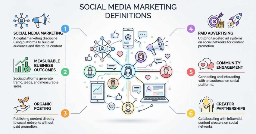 Social Media Marketing Definitions infographic outlining six core pillars around an illustrated central network: Social Media Marketing, Measurable Business Outcomes, Organic Posting, Paid Advertising, Community Engagement, and Creator Partnerships.