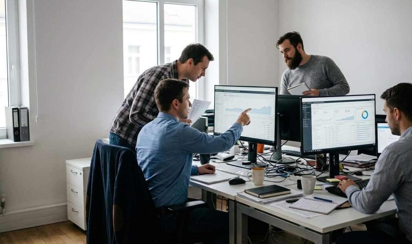 Four professional men collaborating at an office desk, analyzing performance metrics and traffic charts displayed on desktop monitors.
