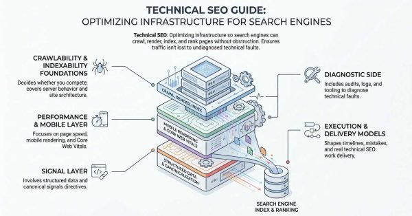 Technical SEO guide infographic illustrating an isometric layered server infrastructure feeding into search engine indexing and ranking, highlighting crawlability, performance, mobile rendering, and structured data signal layers.