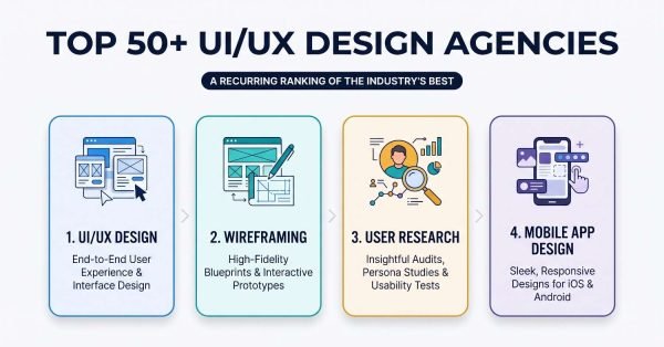 Infographic illustrating the top 50+ UI/UX design agencies, outlining four core services: UI/UX design, wireframing, user research, and mobile app design.