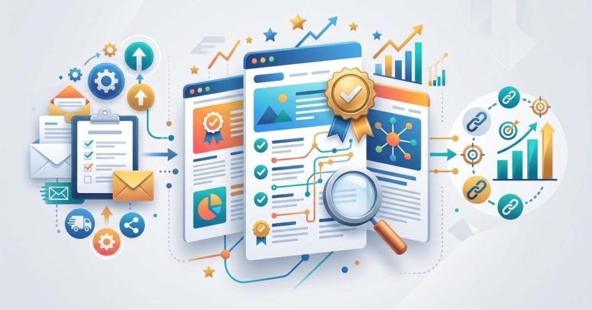 Colorful illustration representing professional guest posting services with content vetting, outreach emails, and backlink growth metrics