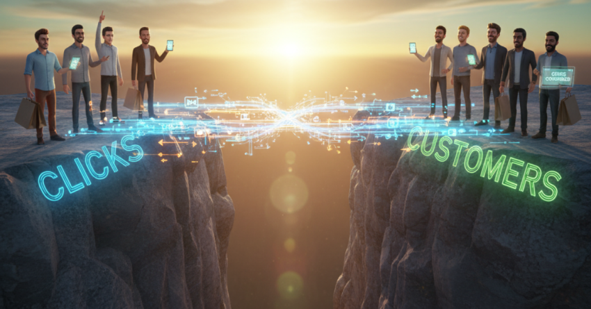 Digital bridge made of glowing data streams connecting web traffic to paying customers across two cliffs.