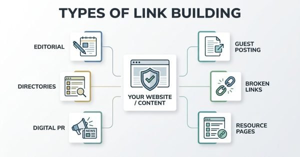 Infographic showing six types of link building—editorial links, directories, digital PR, guest posting, broken-link building, and resource pages—connected to a central website or content asset.