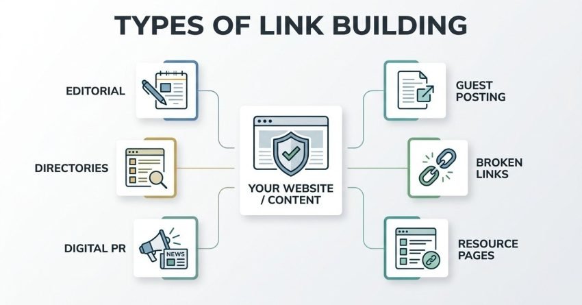 Infographic showing six types of link building—editorial links, directories, digital PR, guest posting, broken-link building, and resource pages—connected to a central website or content asset.