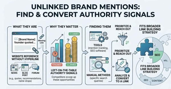 Infographic titled UNLINKED BRAND MENTIONS: FIND & CONVERT AUTHORITY SIGNALS illustrating a multi-step framework: What They Are (website references without hyperlinks across news, blog posts, forums), Why They Matter (left-on-the-table authority signals comparing ignored vs. claimed opportunities), Finding Them (tools and manual methods), Prioritize & Reach Out (filtering prospects, analyzing, and converting mentions into links), and How It Fits a Broader Link Building Strategy integrated with SEO and content.