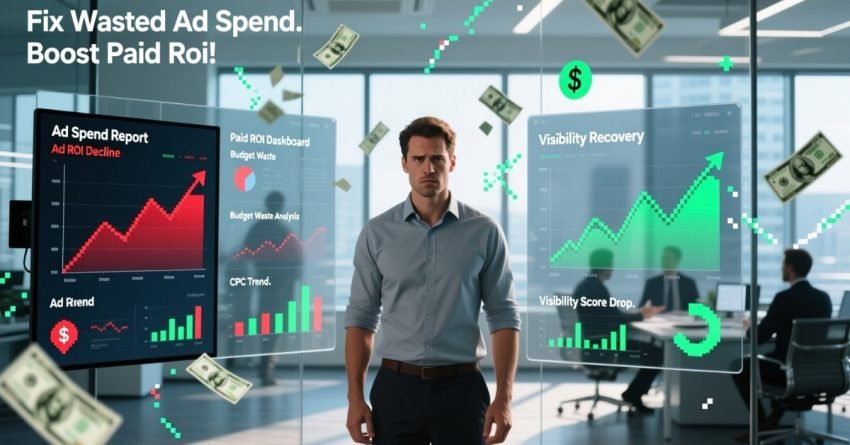 Male marketing analyst reviewing paid ad performance dashboards in a modern digital agency office, analyzing wasted ad budgets and inconsistent ROI using white label SEO and paid media optimization data.