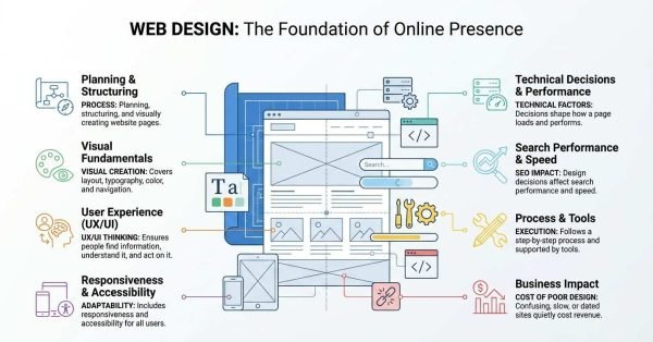 Web design as the foundation of online presence infographic illustrating website wireframing across desktop, tablet, and mobile devices, connecting UX/UI fundamentals, technical performance, SEO impact, and business revenue
