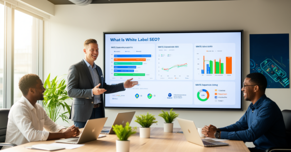 Male SEO strategist presenting ranking charts and keyword dashboards to marketing team in modern office