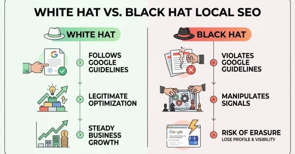 Infographic titled WHITE HAT VS. BLACK HAT LOCAL SEO comparing White Hat practices (Follows Google Guidelines, Legitimate Optimization, Steady Business Growth) with Black Hat practices (Violates Google Guidelines, Manipulates Signals, Risk of Erasure - Lose Profile & Visibility).