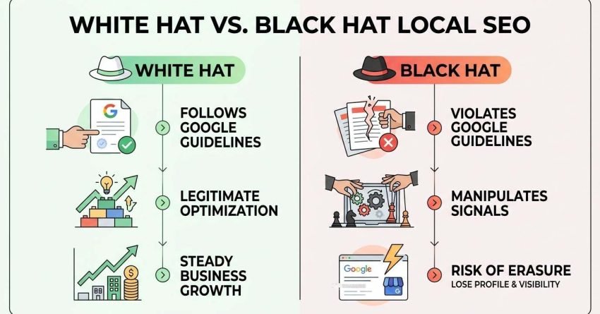 Infographic titled WHITE HAT VS. BLACK HAT LOCAL SEO comparing White Hat practices (Follows Google Guidelines, Legitimate Optimization, Steady Business Growth) with Black Hat practices (Violates Google Guidelines, Manipulates Signals, Risk of Erasure - Lose Profile & Visibility).