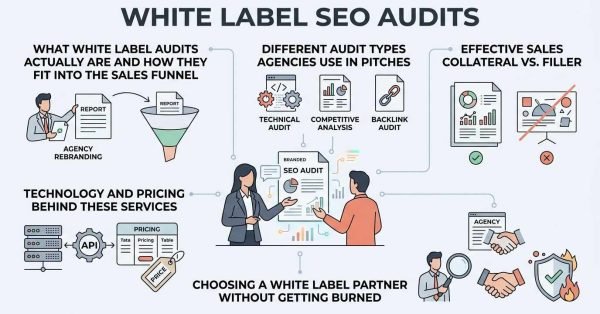 Infographic titled White Label SEO Audits detailing sales funnel integration, pitch audit types, effective collateral vs filler, underlying tech and pricing, and choosing partners safely.