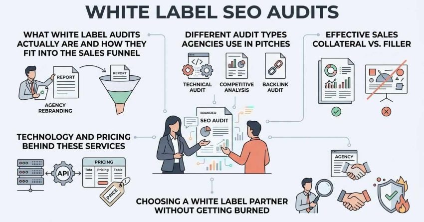 Infographic titled White Label SEO Audits detailing sales funnel integration, pitch audit types, effective collateral vs filler, underlying tech and pricing, and choosing partners safely.