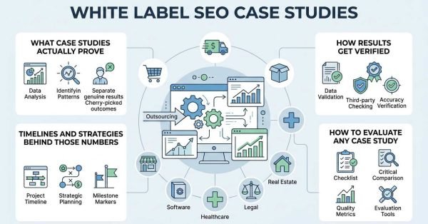 Infographic titled White Label SEO Case Studies detailing what case studies prove, verification methodologies, evaluation criteria, vertical industries, and timelines and strategies behind the numbers.