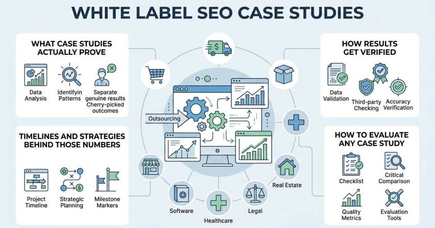 Infographic titled White Label SEO Case Studies detailing what case studies prove, verification methodologies, evaluation criteria, vertical industries, and timelines and strategies behind the numbers.