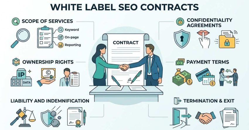 Infographic titled White Label SEO Contracts outlining key legal components: scope of services, ownership rights, liability and indemnification, confidentiality agreements, payment terms, and termination and exit.