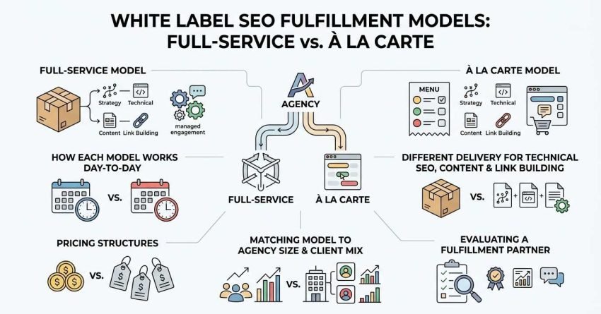 Infographic titled White Label SEO Fulfillment Models: Full-Service vs. À La Carte comparing agency workflows, delivery methods, pricing structures, and partner evaluation.
