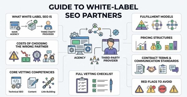 Infographic titled Guide to White-Label SEO Partners detailing agency outsourcing workflows, vetting competencies, fulfillment models, and red flags.