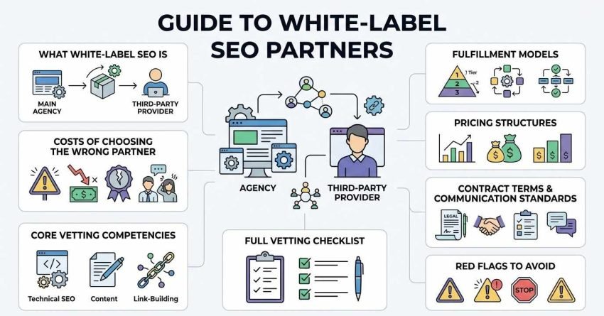Infographic titled Guide to White-Label SEO Partners detailing agency outsourcing workflows, vetting competencies, fulfillment models, and red flags.
