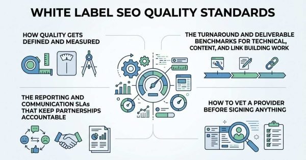 Infographic titled White Label SEO Quality Standards detailing how quality is measured, deliverable benchmarks for technical, content, and link building, communication SLAs, and provider vetting.