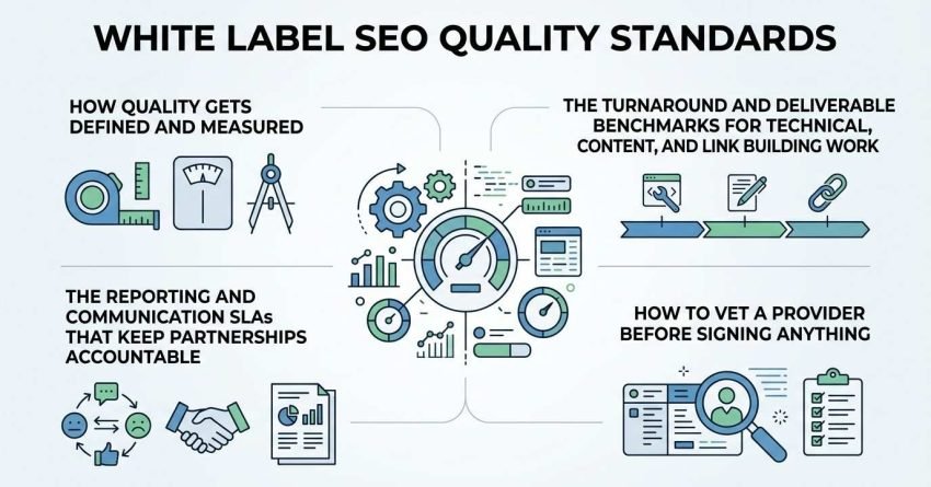 Infographic titled White Label SEO Quality Standards detailing how quality is measured, deliverable benchmarks for technical, content, and link building, communication SLAs, and provider vetting.