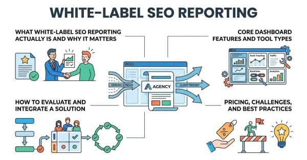 Infographic titled White-Label SEO Reporting detailing generic data stream transformation into agency-branded client reports, core dashboard features, integration workflows, and best practices.