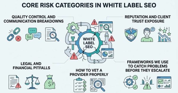 Infographic titled Core Risk Categories in White Label SEO mapping quality control breakdowns, client trust exposure, legal and financial pitfalls, provider vetting, and early escalation frameworks