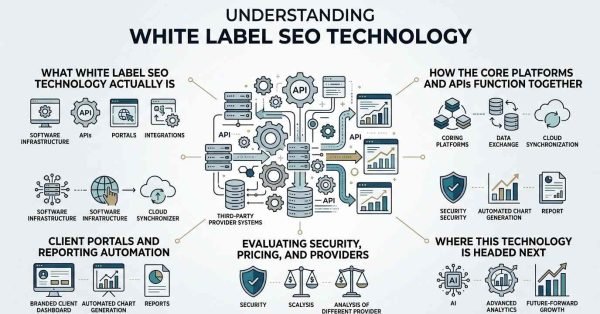 Infographic titled Understanding White Label SEO Technology detailing software infrastructure, platform and API integrations, client portals, security evaluation, and future AI-driven technology trends.