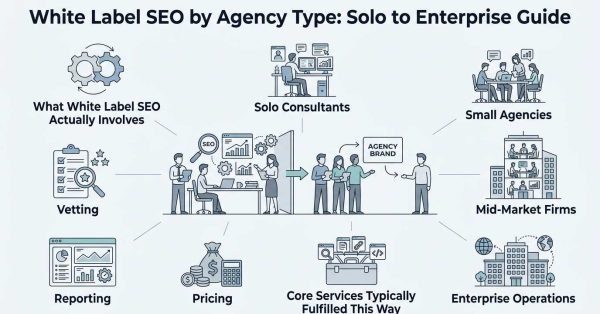 Infographic titled White Label SEO by Agency Type: Solo to Enterprise Guide illustrating agency tiers from solo consultants to enterprise operations alongside core operational components like vetting, pricing, reporting, and fulfillment
