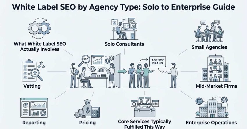Infographic titled White Label SEO by Agency Type: Solo to Enterprise Guide illustrating agency tiers from solo consultants to enterprise operations alongside core operational components like vetting, pricing, reporting, and fulfillment