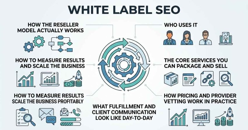 Infographic titled White Label SEO mapping the reseller model, target users, core packaged services, pricing and vetting, day-to-day fulfillment, and profitable scaling frameworks.