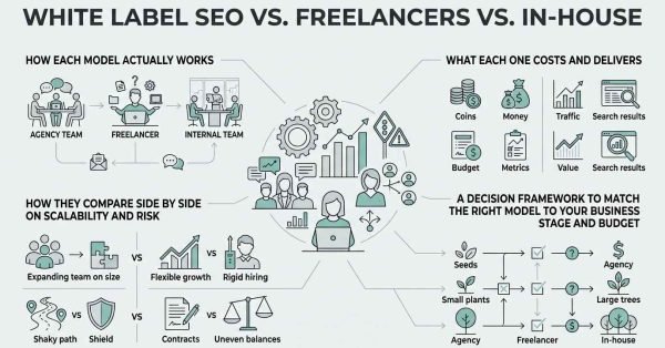 Infographic titled WHITE LABEL SEO VS. FREELANCERS VS. IN-HOUSE comparing operational models, costs and deliverables, scalability and risk tradeoffs, and a business decision framework.