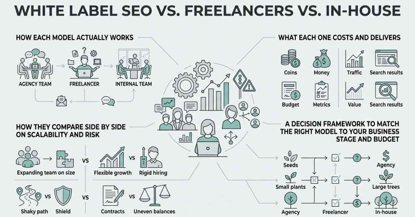 Infographic titled WHITE LABEL SEO VS. FREELANCERS VS. IN-HOUSE comparing operational models, costs and deliverables, scalability and risk tradeoffs, and a business decision framework.