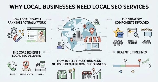 Infographic titled WHY LOCAL BUSINESSES NEED LOCAL SEO SERVICES detailing ranking mechanics, core business benefits, strategy components, timeline milestones, and service need indicators surrounding a central globe, local storefront, and mobile searchers