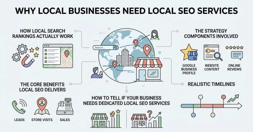 Infographic titled WHY LOCAL BUSINESSES NEED LOCAL SEO SERVICES detailing ranking mechanics, core business benefits, strategy components, timeline milestones, and service need indicators surrounding a central globe, local storefront, and mobile searchers