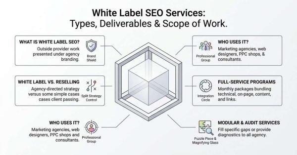 Educational B2B infographic titled 'White Label SEO Services: Types, Deliverables & Scope of Work' centered on a 3D isometric cube-within-a-cube graphic, outlining six core operational facets: service definition, agency reselling differences, user archetypes, full-service programs, and modular audit services