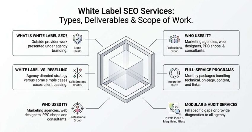 Educational B2B infographic titled 'White Label SEO Services: Types, Deliverables & Scope of Work' centered on a 3D isometric cube-within-a-cube graphic, outlining six core operational facets: service definition, agency reselling differences, user archetypes, full-service programs, and modular audit services