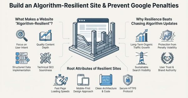 Infographic titled 'Build an Algorithm-Resilient Site & Prevent Google Penalties' illustrating what makes a website algorithm-resilient on the left-covering focus on user intent, quality content depth, structured data implementation, and technical SEO soundness-why resilience beats chasing algorithm updates on the right-covering long-term organic traffic growth, protection from penalty volatility, sustainable search visibility, and user trust and brand authority-and root attributes of resilient sites at the bottom-covering fast page loading speeds, mobile-first design approaches, clean architecture and code, and secure HTTPS protocols, surrounding a central temple pillar structural graphic.