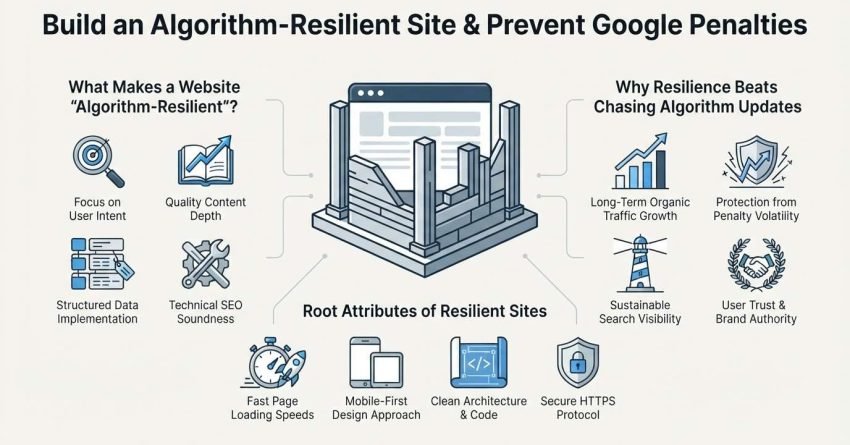 Infographic titled 'Build an Algorithm-Resilient Site & Prevent Google Penalties' illustrating what makes a website algorithm-resilient on the left-covering focus on user intent, quality content depth, structured data implementation, and technical SEO soundness-why resilience beats chasing algorithm updates on the right-covering long-term organic traffic growth, protection from penalty volatility, sustainable search visibility, and user trust and brand authority-and root attributes of resilient sites at the bottom-covering fast page loading speeds, mobile-first design approaches, clean architecture and code, and secure HTTPS protocols, surrounding a central temple pillar structural graphic.
