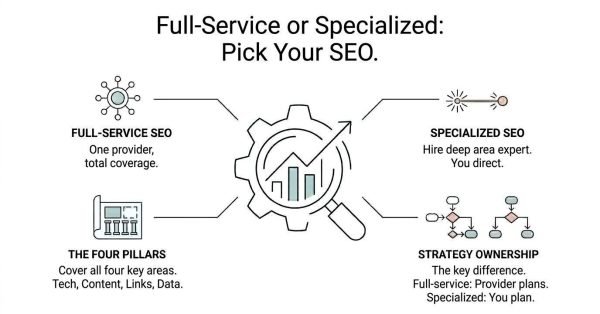 Educational comparison infographic titled 'Full-Service or Specialized: Pick Your SEO.' centered on a mechanical gear enclosing an ascending bar graph examined by a magnifying glass, contrasting full-service SEO coverage across the four pillars against specialized expert hiring and client-directed strategy ownership
