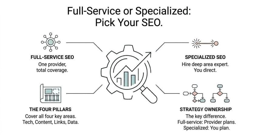 Educational comparison infographic titled 'Full-Service or Specialized: Pick Your SEO.' centered on a mechanical gear enclosing an ascending bar graph examined by a magnifying glass, contrasting full-service SEO coverage across the four pillars against specialized expert hiring and client-directed strategy ownership