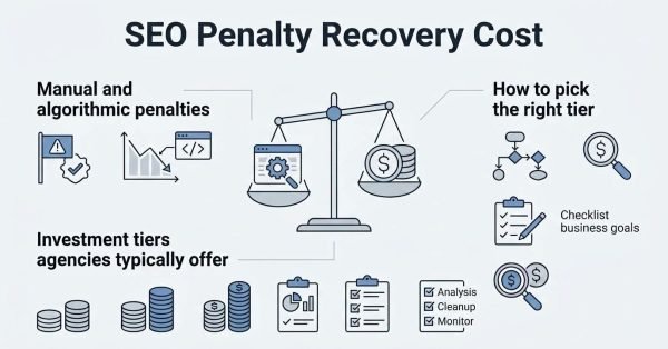 Infographic titled 'SEO Penalty Recovery Cost' illustrating manual and algorithmic penalties on the top left, investment tiers agencies typically offer on the bottom, and how to pick the right tier on the top right, surrounding a central scale balancing a browser window and coin stacks.