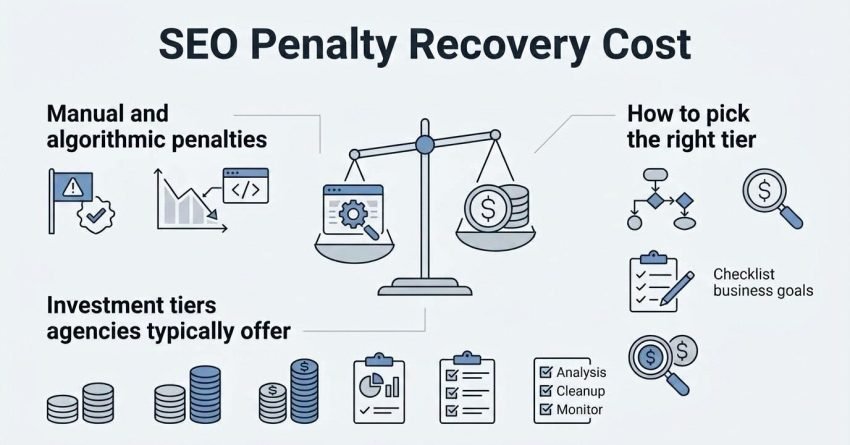 Infographic titled 'SEO Penalty Recovery Cost' illustrating manual and algorithmic penalties on the top left, investment tiers agencies typically offer on the bottom, and how to pick the right tier on the top right, surrounding a central scale balancing a browser window and coin stacks.
