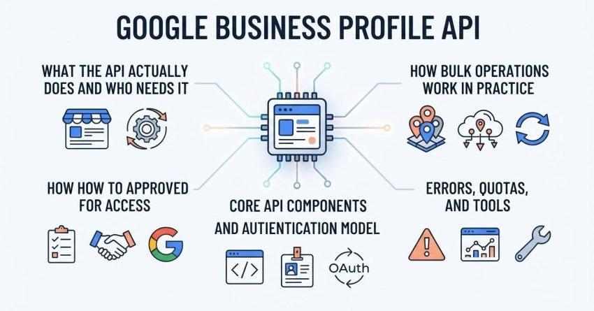 Infographic on the Google Business Profile API, detailing what the API actually does and who needs it, how to get approved for access, core API components and authentication model, how bulk operations work in practice, and errors, quotas, and tools.