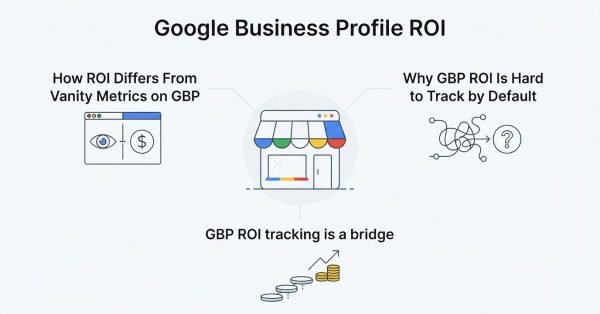 Infographic on Google Business Profile ROI, detailing how ROI differs from vanity metrics on GBP, why GBP ROI is hard to track by default, and how GBP ROI tracking is a bridge.