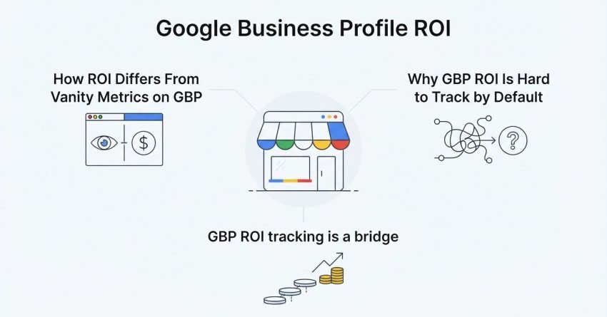 Infographic on Google Business Profile ROI, detailing how ROI differs from vanity metrics on GBP, why GBP ROI is hard to track by default, and how GBP ROI tracking is a bridge.