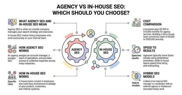 Educational comparison infographic titled 'Agency vs In-House SEO: Which Should You Choose?' centered on interlocking gear mechanisms representing agency and in-house delivery, breaking down operational definitions, workflow structures, cost benchmarks, speed to results, and hybrid SEO models