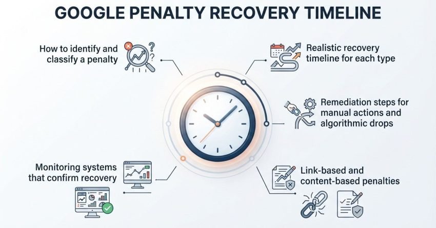 Infographic titled 'GOOGLE PENALTY RECOVERY TIMELINE' illustrating how to identify and classify a penalty on the top left, realistic recovery timelines for each type on the top right, remediation steps for manual actions and algorithmic drops on the middle right, link-based and content-based penalties on the bottom right, and monitoring systems that confirm recovery on the bottom left, surrounding a central clock icon.
